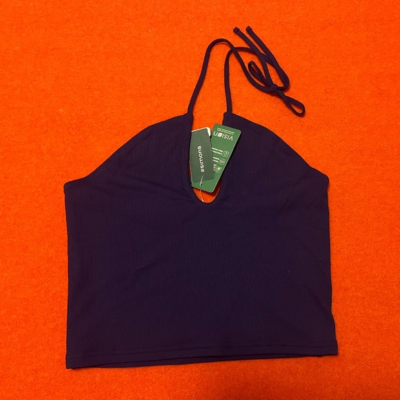 Eco-friendly purple ribbed stretchy criss-cross cropped halter camisole NWT - Picture 2 of 11